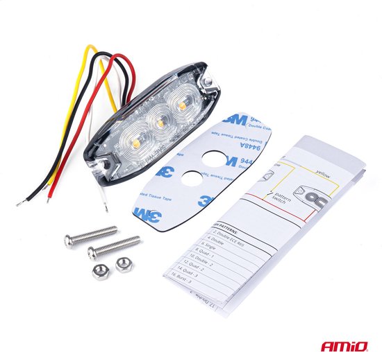 AMiO Stroboscoop Zwaailicht Slanke Amber Grillmontage Flitslamp 3x3W LED R65 R10 12/24V IP67 Oranje