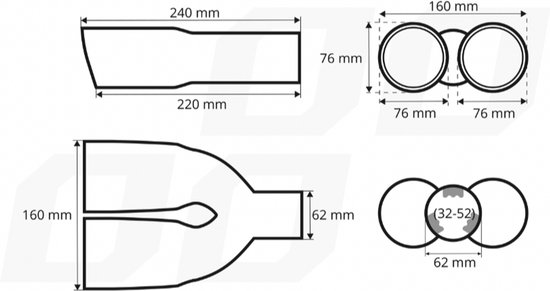 Universeel RVS uitlaat sierstuk 2x76mm - MT 022 - Aansluit diameter tussen de 32mm en 52mm