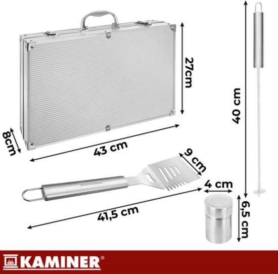 Kaminer Complete barbecue gereedschapset 26 delig met rvs grilltools, steakmessen, spiesen en aluminium opbergkoffer