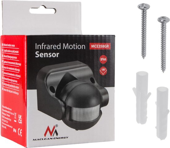 Maclean MCE358 GR - Bewegingsmelder - Infrarood PIR bewegingsmelder - IP44 - bereik 12m max. belasting 800/1200W - Grijs