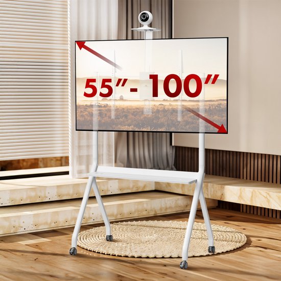 Maclean TV-standaard / trolley, camera plank, op wielen, 55-100", max. belasting 120kg/10kg plank, max. VESA 900x600, wit, MC-114 W