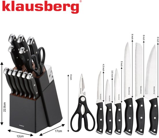 Klausberg KB-7985 13 Delig Messenset - Zwart Messenblok met Slijpstaaf - 6 Stekmessen Inclusief - Messenset met Blok - O.a. Broodmes, Koksmes, Vleesmessen en Schaar