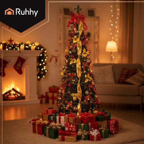 Ruhhy Kant en klare opvouwbare kerstboom 180 cm – met gouden linten en rode kerstballen