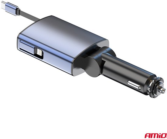 AMiO Car FM Transmitter – Bluetooth – USB-A en USB-C – Ingebouwde Uittrekbare USB-C Kabel – 12V/24V – Handsfree en Snelladen
