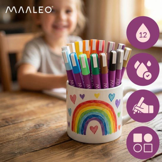 Maaleo Acrylmarkers Set 16 Kleuren – 8 ml, Sterke Dekking, Waterbestendig na Droging