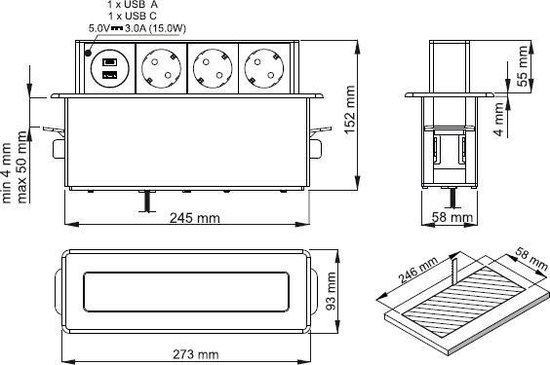 Orno Pop-up Stekkerdoos met usb - Inbouw verdeelstekker met HDMI 2.0 - Stekkerblok met 2 stopcontacten - RVS/Zwart