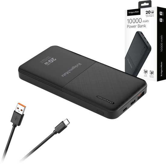 Krüger&Matz Powerbank - 10000 mAh - 1x USB-A 1x USB-C - Quick Charge 3.0 - 20W - Zwart