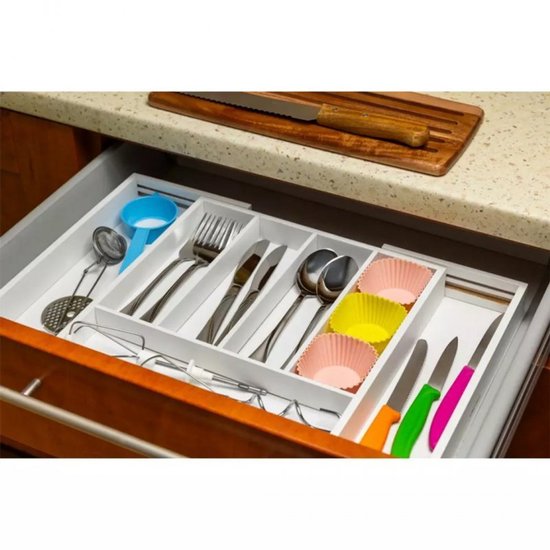Kinghoff Bamboe Lade-organizer Wit - Uitschuifbaar (31-52 cm) - 7 Opbergvakken - Besteklade Opbergdoos - Natuurlijk Bamboe - Bestekla Organizer