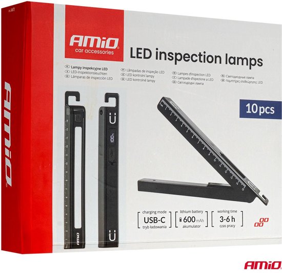 AMiO LED Inspectielampen Set 10x XTE+SMD 600mAh met Compact Ontwerp - USB Oplaadbaar en Multi-Lichtmodi - Voor Werkplaats Shop en Noodsituaties