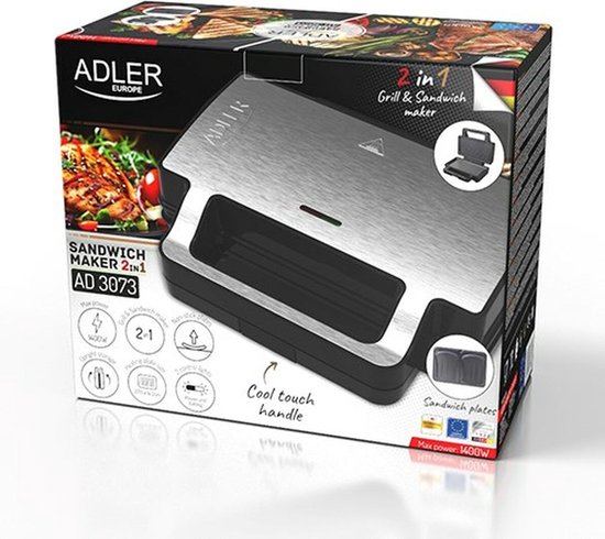 Tosti apparaat Adler AD 3073 Zwart Zilverkleurig
