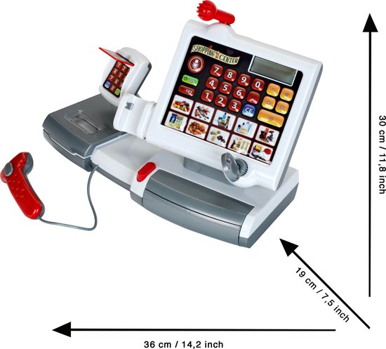 Klein Toys elektronische kassa - touchpad, scanner, weegschaal en rekenmachinefunctie - 31x15,5x23 cm - incl. speelgeld, uitschuifbare geldla, licht- en geluidseffecten - grijs