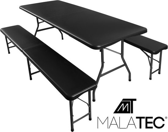 Malatec campingtafel en 2 banken inklapbaar 180 cm zwart - opvouwbaar - picknicktafel - handig voor in de camper of caravan - complete set - cateringset