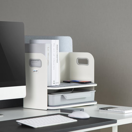 Ergo Office - reau-organizer met draadloze oplader | De en boekensteun voor kantoorbenodigdheden | Bureau-organizer Bureaublad tot 10 kg Wit