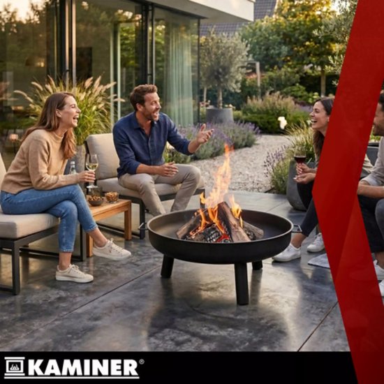 Kaminer Ronde vuurschaal 80 cm zwart met 3 poten en handgrepen voor tuin of terras