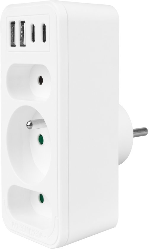 Maclean MCE248 F/W - Stekker - 3-voudige splitter 2x USB-A 2x USB-C - Wit