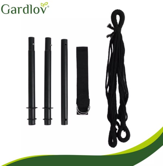 Gardlov Hangstoel Zwart met Kussens en Voetensteun 210 cm – Hangmatstoel voor Tuin, Balkon of Woonkamer – Max. 150 kg – Inclusief Ophangband