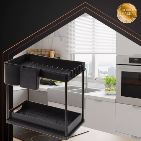 Ruhhy gootsteen organizer 2-laags – zwart rek met uittrekbare planken voor keuken en badkamer