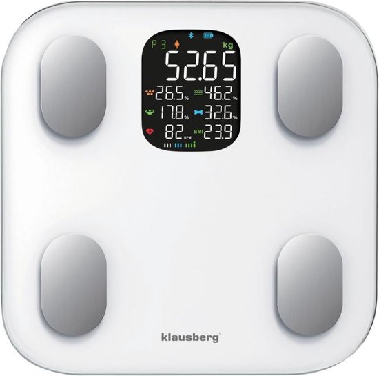 Klausberg 7857 - Slimme Bluetooth Personenweegschaal met Lichaamsanalyse en Handgreep – Gewicht, BMI, Vetpercentage, Spiermassa, Kleurendisplay -wit