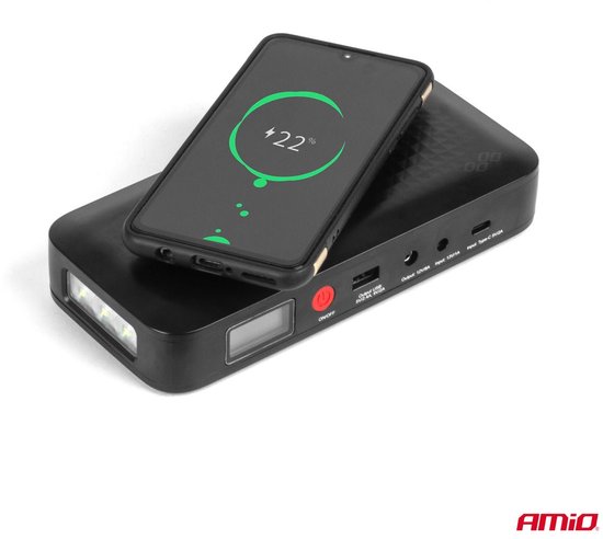 AMiO Portable Jump Starter 12V 12Ah 800A - Met Powerbank Draadloze Lader en LED Zaklamp Voor Benzine en Diesel Voertuigen
