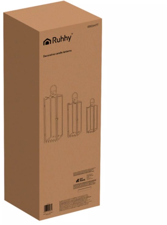 Ruhhy zilveren lantaarns set 38‑49‑63 cm – modern design, set van 3 – staal & glas zilver