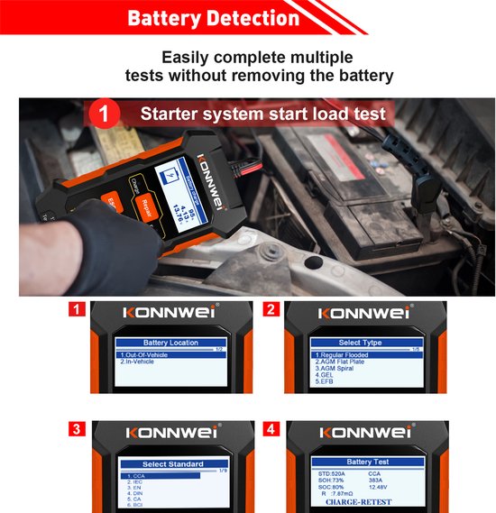 Accutester voor diverse Accu's - 12 en 24V - AGM, EFB, Gel en Lood - Zwart