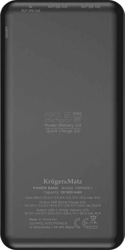 Krüger&Matz Powerbank - 20000 mAh - 1x USB-A 1x USB-C - Quick Charge 3.0 - 20W - Zwart