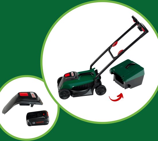 Klein Toys Bosch tuin grasmaaier - 57x19.5x56 cm - incl. verwijderbare grasvanger, licht- en geluidseffecten - groen rood