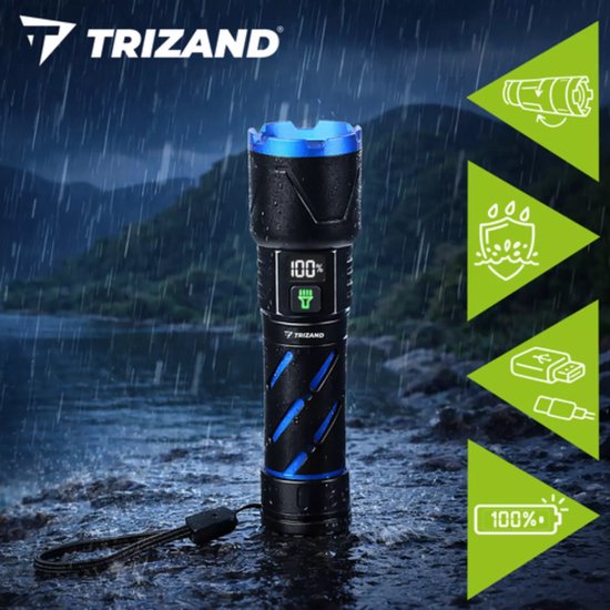 Trizand Tactische LED zaklamp 800 lumen zwart aluminium met zoom, USB-C opladen en 5000 mAh batterij