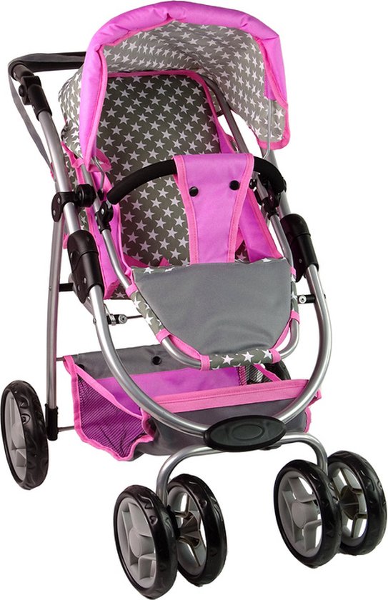 2-in-1 Poppenwagen met tas - Grijs, roze, wit met sterren - Kinderwagen en reiswieg voor poppen tot 40 cm - Geschikt vanaf 3 jaar