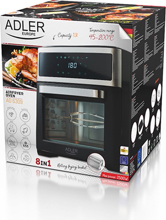 Adler AD 6309 Airfryer Oven - 13L XXL - 2500W - 8-in-1 Functies - Digitaal Touch Display - Inclusief Rotisserie en Accessoires - Zwart