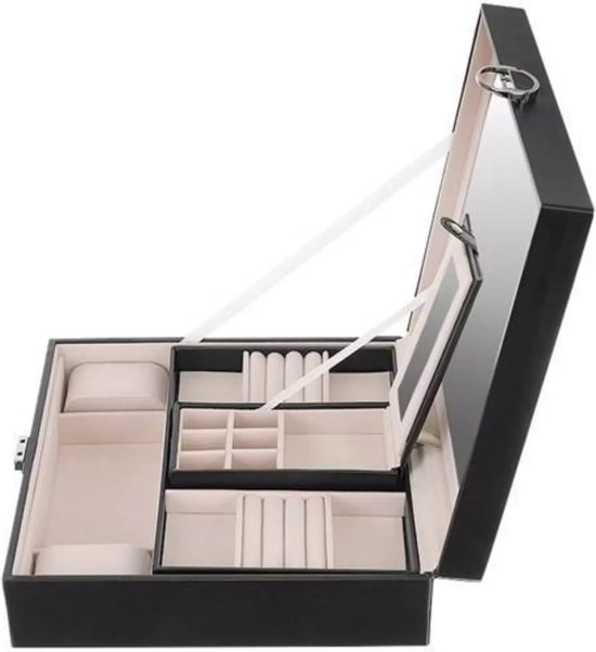 Beautylushh Sieradenkist - zwart - PU coating - 25 x 25 x 30 cm - sieradendoos - organizer - met sleutel