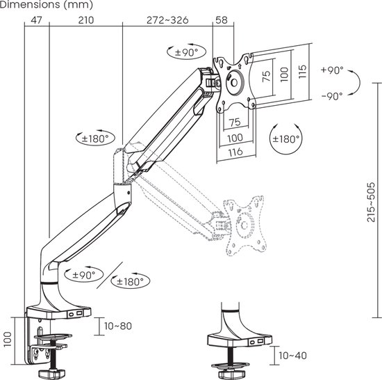 Maclean MC-969 - Monitorbeugel - Monitorsteun - dubbele arm - met gasveer - 17"-45" - tot 16 kg - Zilver
