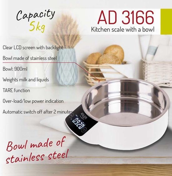Adler AD3166 - keukenweegschaal met ingebouwde kom / 900ml