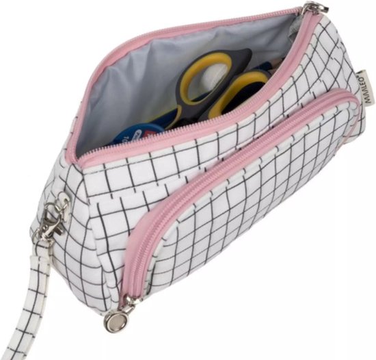 Maaleo Dubbele Uitbreidbare Etui - Wit Geruit - Twee Compartimenten - Mesh Organizer