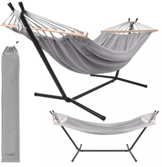 Gardlov Grijze tweepersoons hangmat met frame 200 x 150 cm belastbaar tot 250 kg