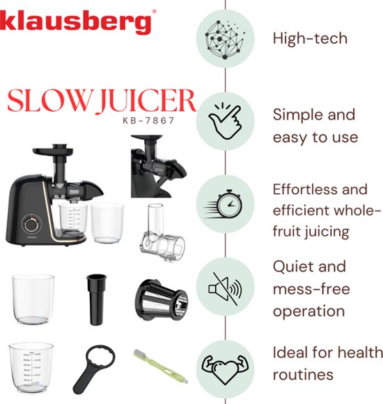 Klausberg Slow Juicer KB-7867 – 150W | 700 ml | Cold Press | Groenten en Fruitpers – Roségouden Accenten | Luxe Design & Hoog Saprendement