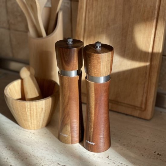 Ruhhy Zout- en pepermolen set - acacia hout - 21 x 6 cm - pepermolens en zoutmolens