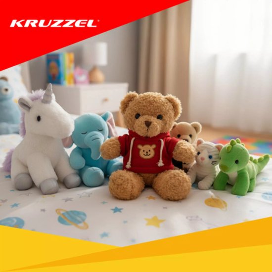 Kruzzel Zachte teddybeer 30 cm – lichtbruine pluche beer met rode trui, veilig voor kinderen