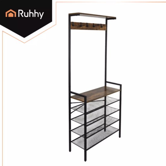 Ruhhy staande kapstok 189 cm – metalen frame met houten planken en 5 dubbele haken, industrieel ontwerp voor hal of kantoor