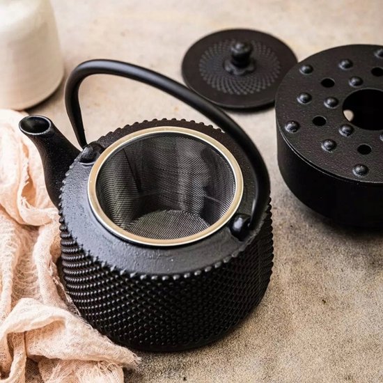 KINGHOFF - Gietijzeren Theeset met Theepot (0,8L), RVS Zeef en Warmhouder - Zwart