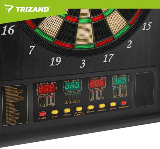 Trizand Elektronisch dartbord met afsluitbare kast, speelveld 35 cm, 4 LED displays, 27 spellen, 243 varianten, 1 tot 16 spelers, netvoeding