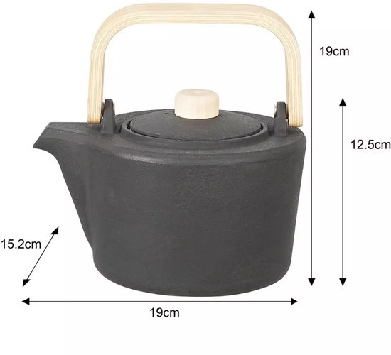 Kinghoff Gietijzeren Theepot met Filter - 1,3 Liter, Zwart, Houten Handvat en Dekselknop, Hoogwaardig RVS Filter, Traditioneel Design