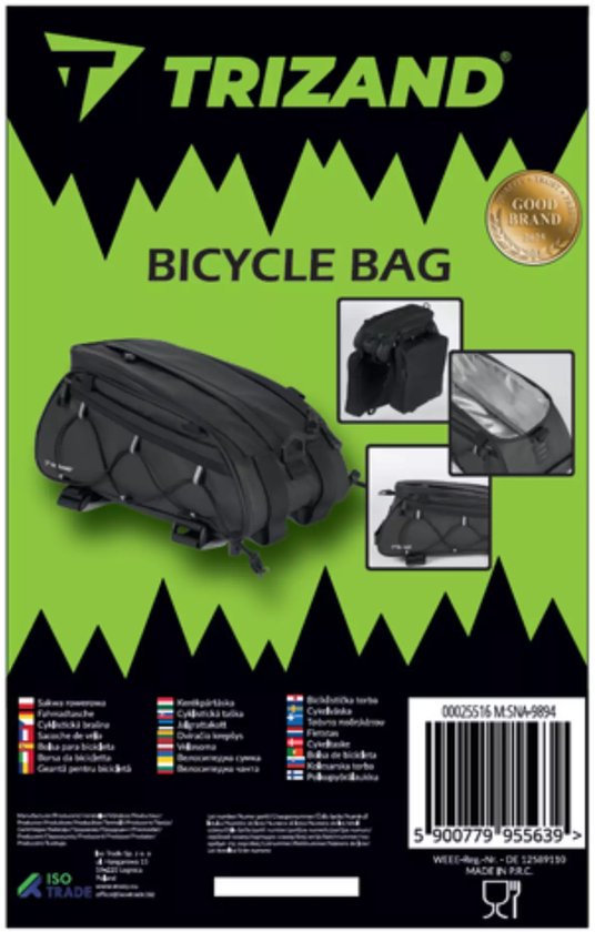 Trizand Fietstas - bagagedrager - 3-vaks - waterdicht - zwart - 16 liter - fietstas