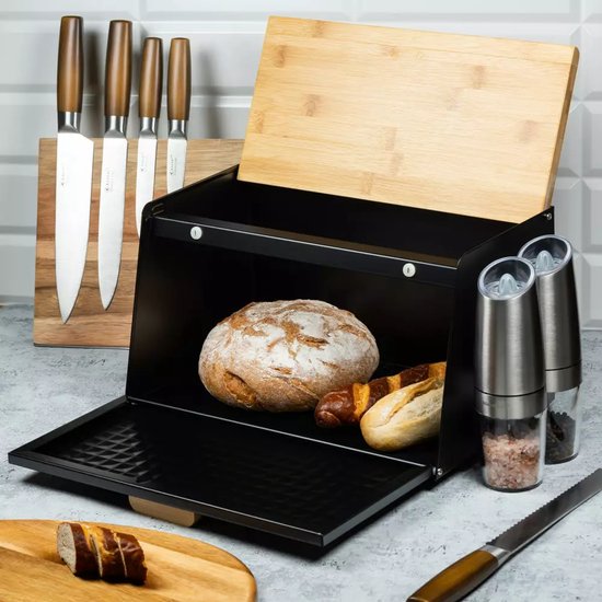 Broodbak van Staal en Bamboe - Zwart - 35,5 x 17(21,5) x 20 cm - Hygienisch en Ecologisch - Broodtrommel - Brooddoos
