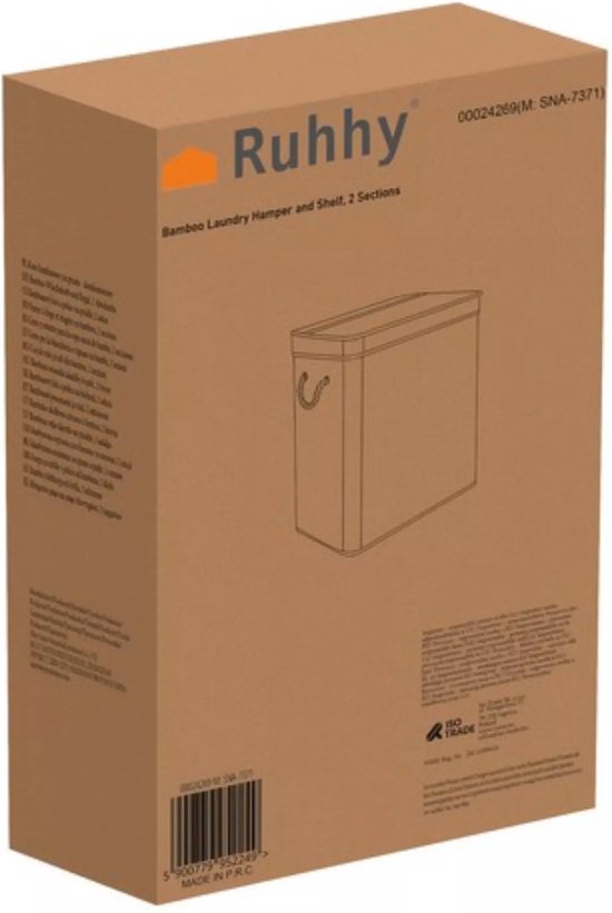 Ruhhy Wasmand dubbel - bamboe - 100 liter - 60 x 54 cm - lichte en donkere was - natuurlijke look
