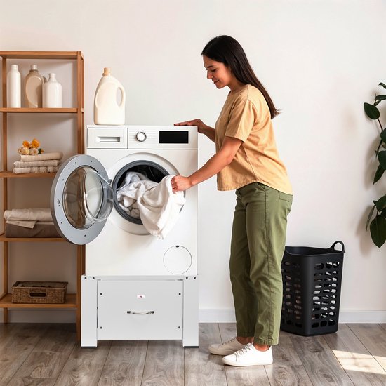 Maclean - Wasmachine Verhoger - Sokkel voor wasmachine/droger met lade - Wasdrogeronderstel - max. belasting 150kg, wit, MC-117 W