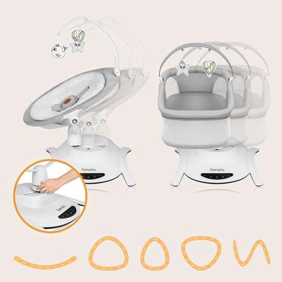Lionelo Bella Set 2in1 – Wipstoel & Reiswieg – 360° Draaibare Zitting – Elektrische 6 Schommelstanden – 5 Snelheden – Rugleuning 3 Posities – Bewegingssensor – Nachtmodus – 12 Melodieën – Bamboe Kussen – Afstandsbediening – Wasbare Hoezen – Tot 9 kg