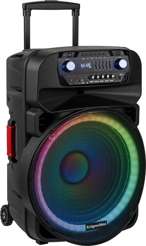 Krüger & Matz KM1718 Mobiele Actieve Luidspreker Party Speaker Box LED ring (met 2 UHF draadloze microfoons, SD, Bluetooth 5.0 , FM, USB) 60 Watt zwart