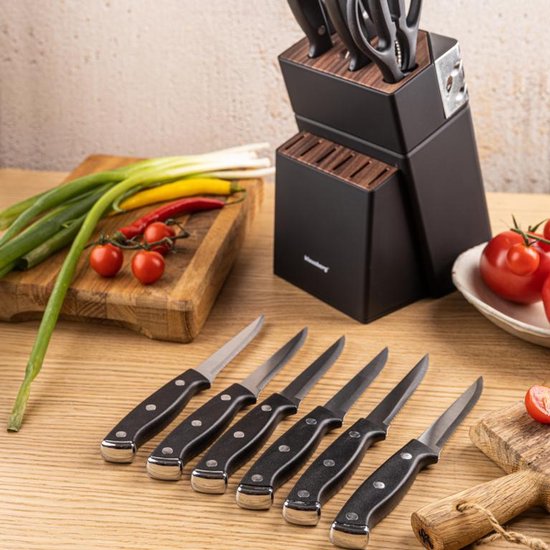 Klausberg KB-7985 13 Delig Messenset - Zwart Messenblok met Slijpstaaf - 6 Stekmessen Inclusief - Messenset met Blok - O.a. Broodmes, Koksmes, Vleesmessen en Schaar