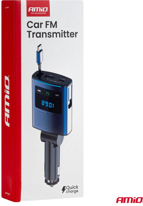 AMiO Car FM Transmitter – Bluetooth – USB-A en USB-C – Ingebouwde Uittrekbare USB-C Kabel – 12V/24V – Handsfree en Snelladen